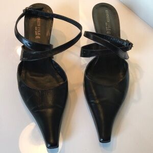 Kenneth Cole New York Black Kitten Heels with Ankle Wrap Design and Pointed Toe
